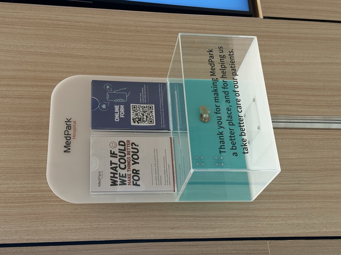 Feedback suggestion box, MedPark, Bangkok — made to order by Mommy Signage